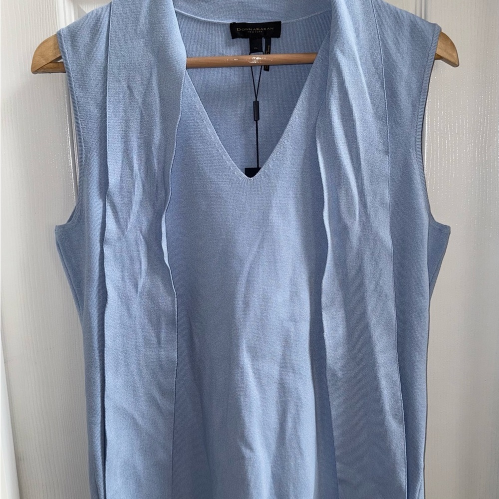Donna Karan Tie Neck Sleeveless Sweater XL Blue NWT MSRP $225 Feminine Elegant - Picture 3 of 8
